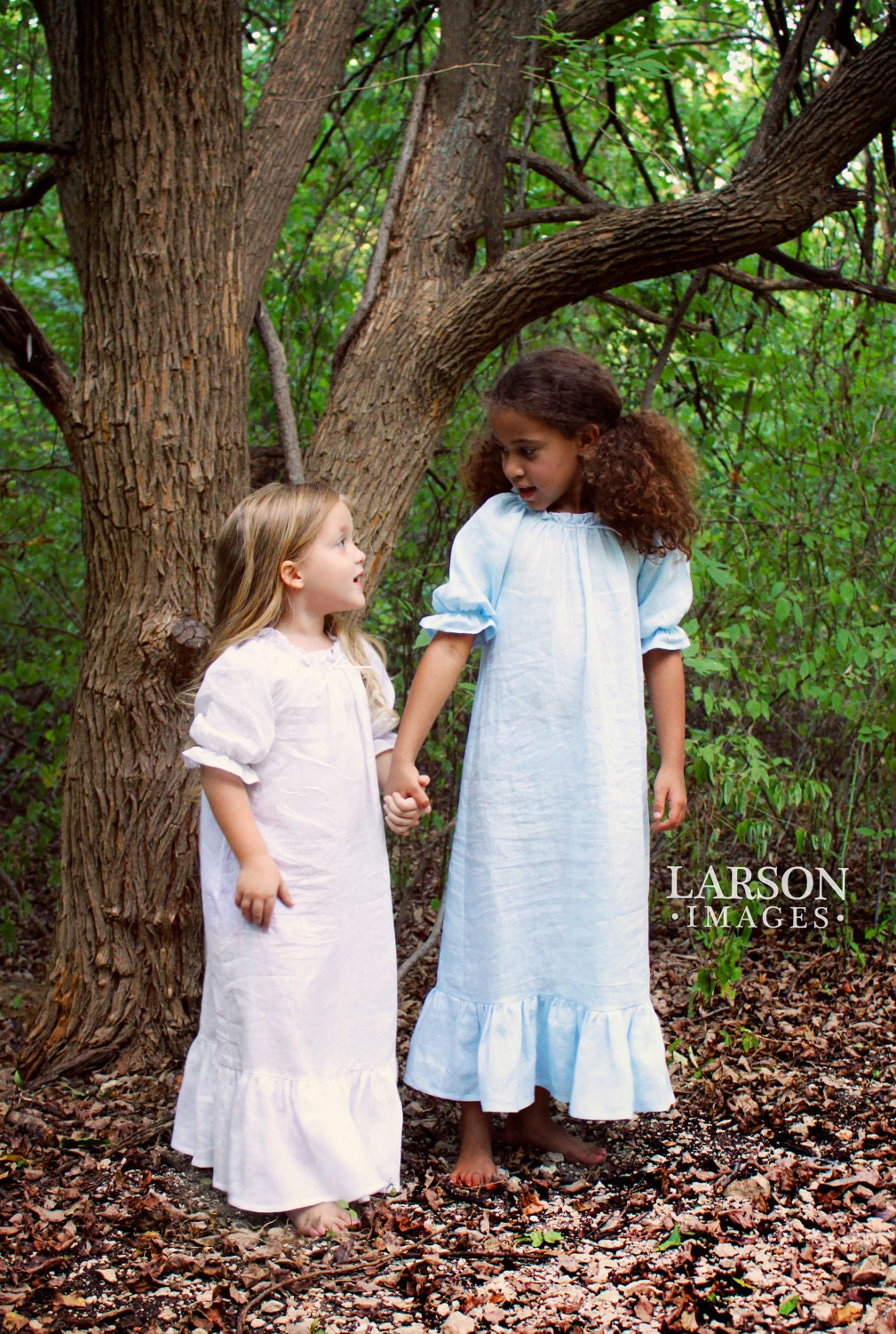 Pale Blue Linen Night Gown with Shirred Neck and Sleeve   Girls sizes 2-8