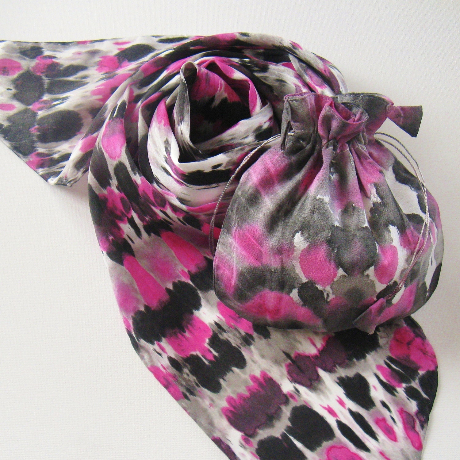 Silk Scarf Gift Set - Hand Painted Ladies Skinny Scarves Belt Jewelry Pouch Bag Pink Black White Gray Grey Tie Dye