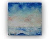 Orange and Blue landscape- Abstract Landscape Oil Painting on Canvas 12x12 orange blue white winter snow sky clouds palette knife painting