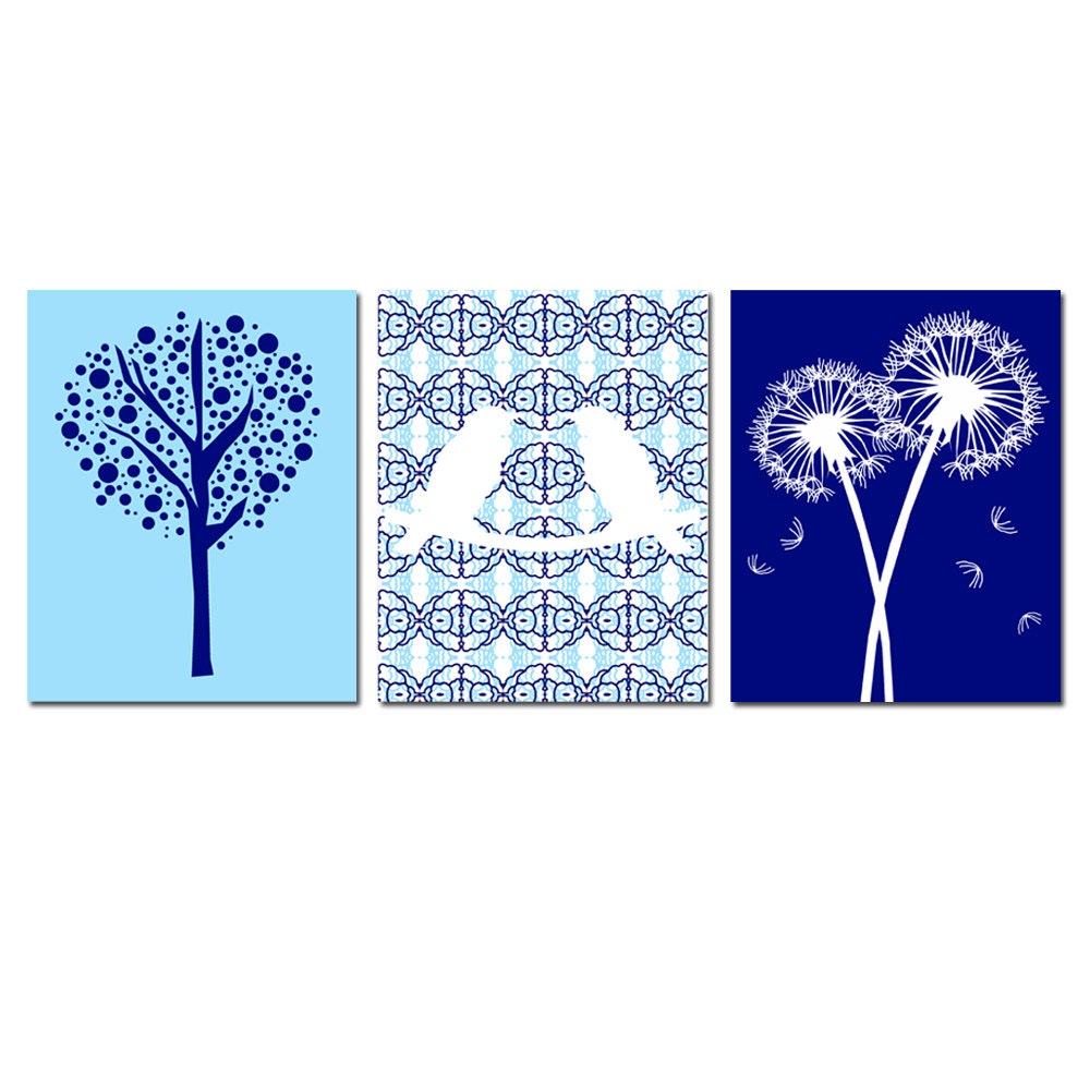 Nursery Trio - Set of Three 8x10 Geometric Prints - Love Birds, Tree Dot, Dandelion Floral - Kids Wall Art - CHOOSE YOUR COLORS