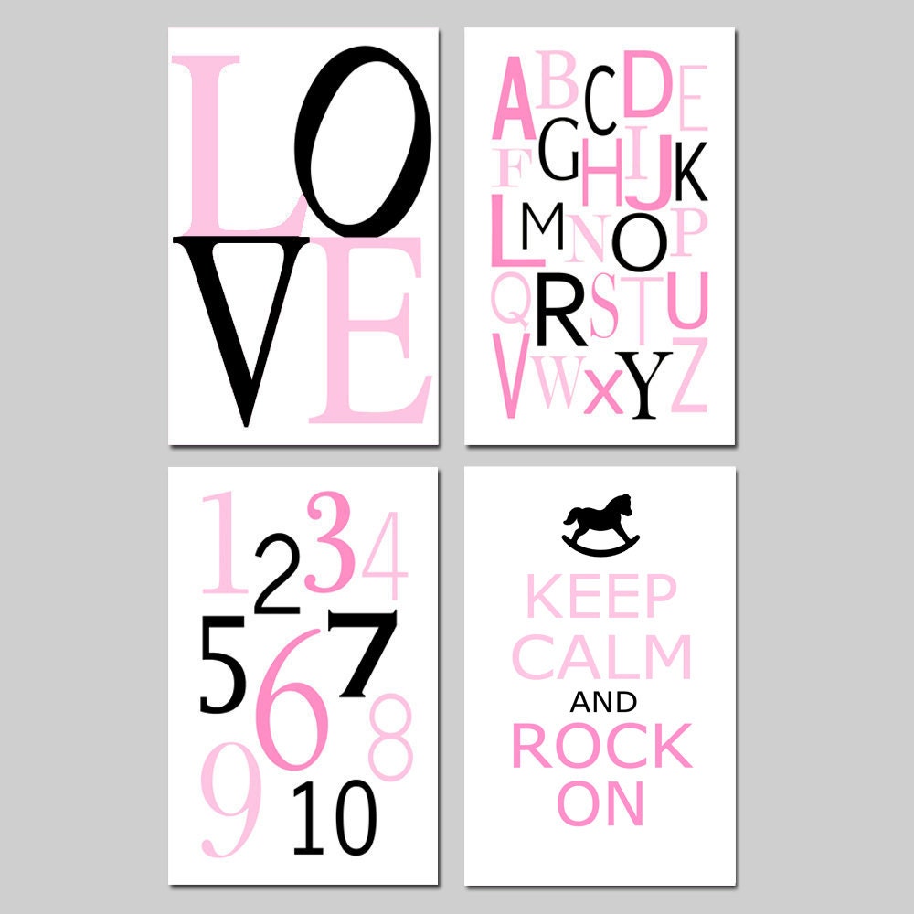 Modern Nursery Quad - Set of Four 13x19 Prints - Modern Alphabet, Numbers, Keep Calm Rock On, LOVE Typography - Choose Your Colors