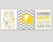 Modern Nursery Trio - Set of Three 11x14 Prints - You Are My Sunshine, Alphabet, Chevron Elephant - Choose Your Colors - Yellow and Gray
