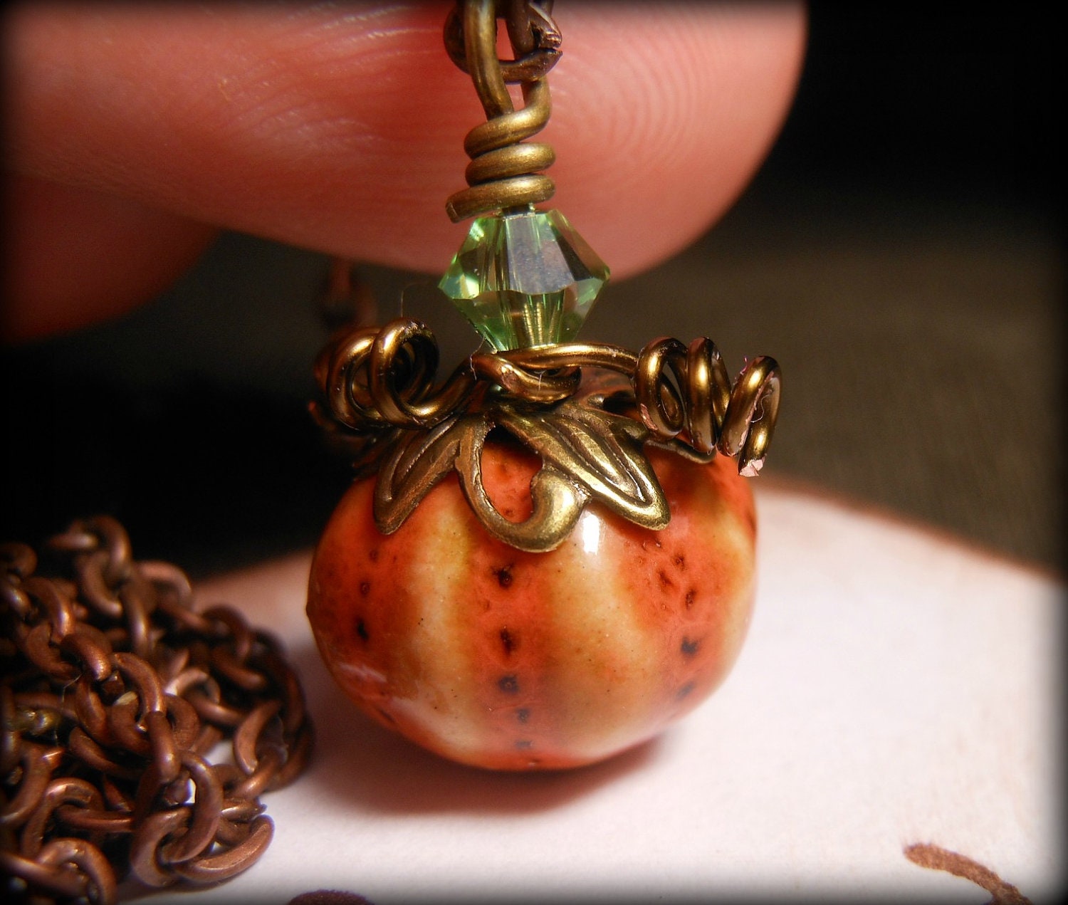 Halloween Pumpkin Necklace Copper Wire Wrapped Jewelry Orange