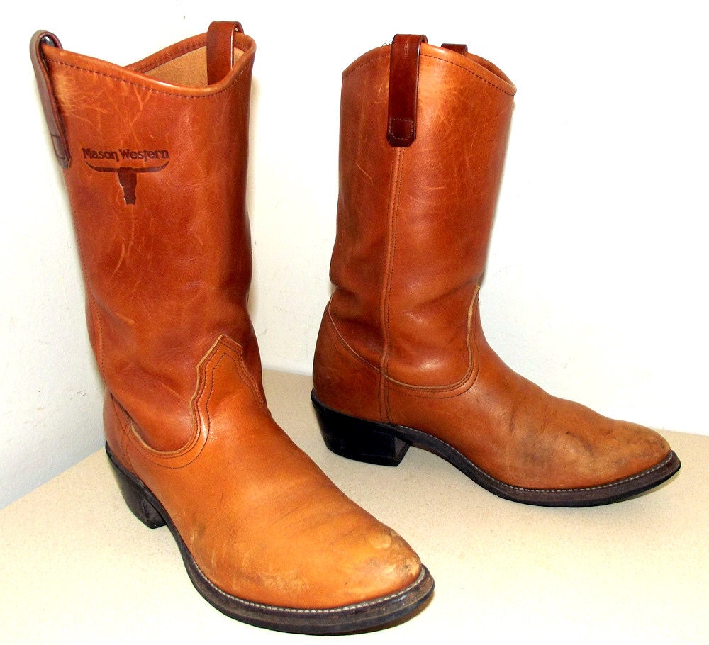 Vintage Mason Western tan brown leather cowboy boots size 10 D or cowgirl size 11.5