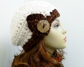 Chunky Wool Blend Tam / Beanie / Beret in Cream and Woodland Browns - Hand Crocheted