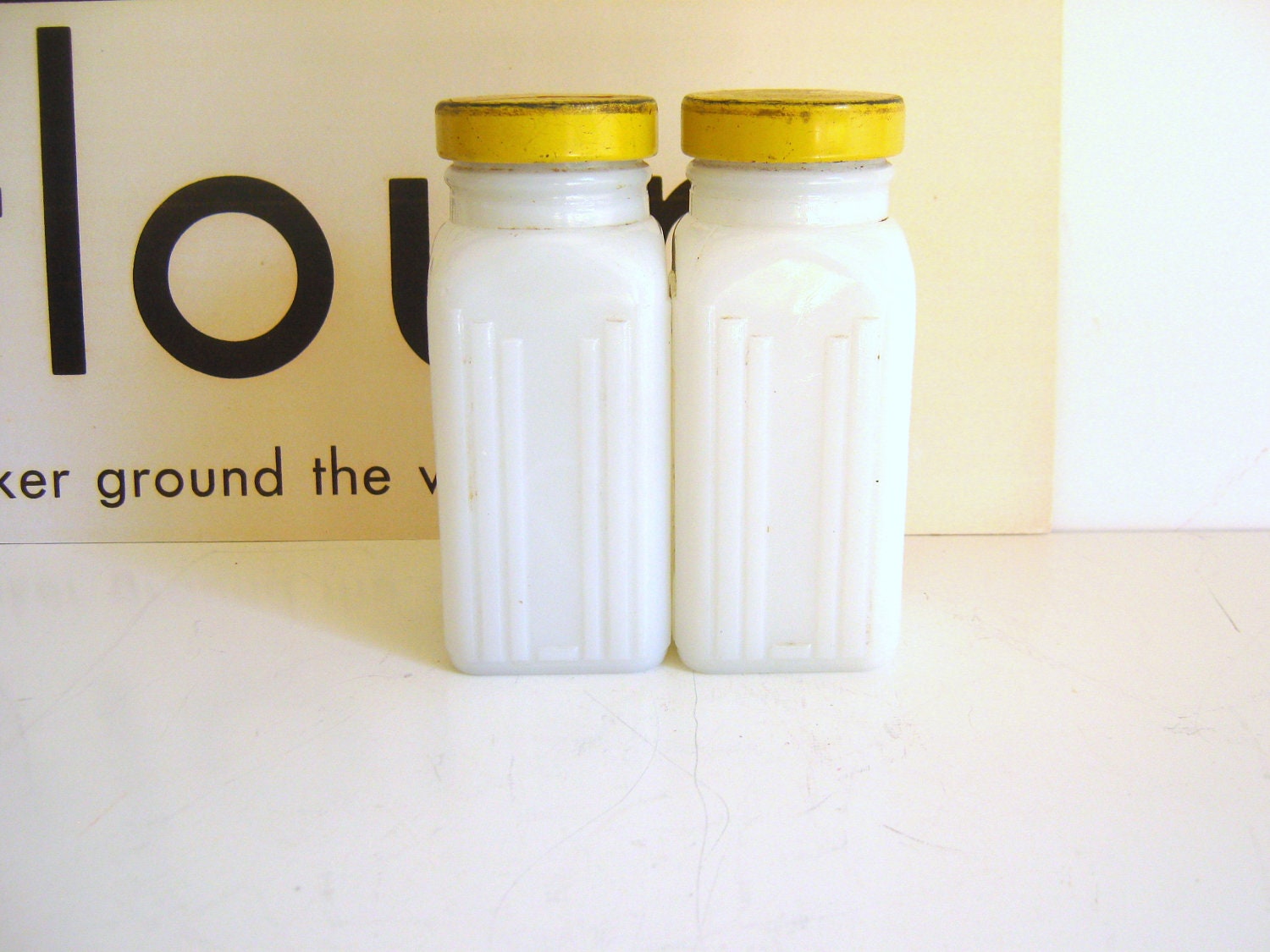 Griffiths Spice Jars, Vintage, Milk Glass, Art Deco Style, Yellow Lids, Retro Tableware