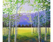 Landscape Painting PRINT of the aspen birch trees ACRYLIC and mountains in the summer GICLEE 13x13