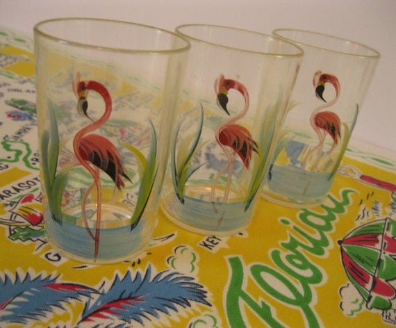 RESERVED FOR MELISSA            Vintage plastic shot  or juice glasses - set of 6 with hand painted flamingos and palm trees