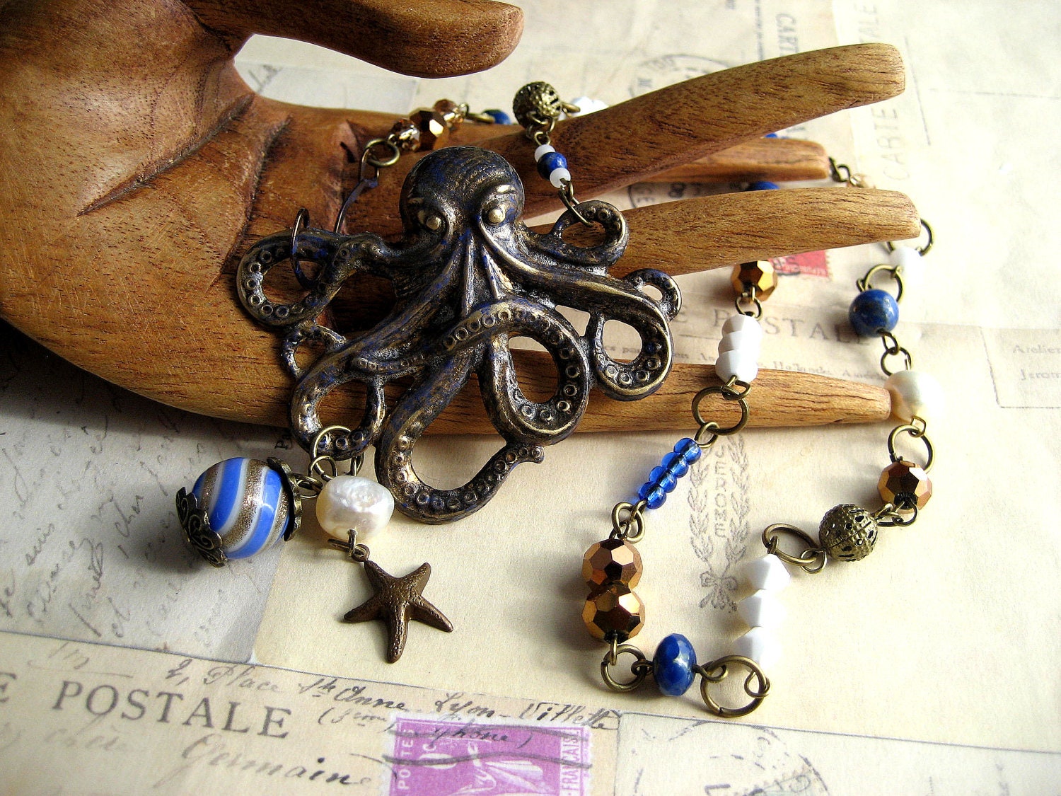Altered Octopus Necklace Bead Soup Challenge Piece Beads and Pearls