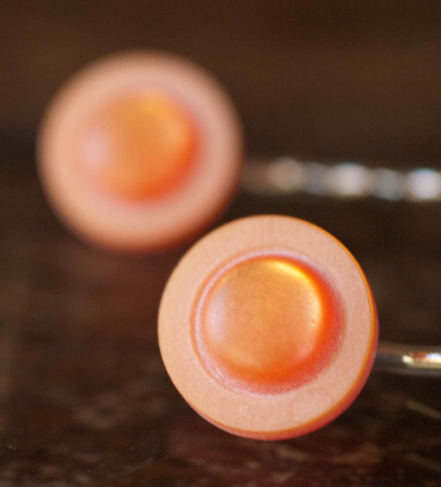 Bobby Pins - Orange - Peach- Mango - Vintage Buttons - Handmade Bobbies - Reclaimed - Recycled - Leeya Engel on Etsy