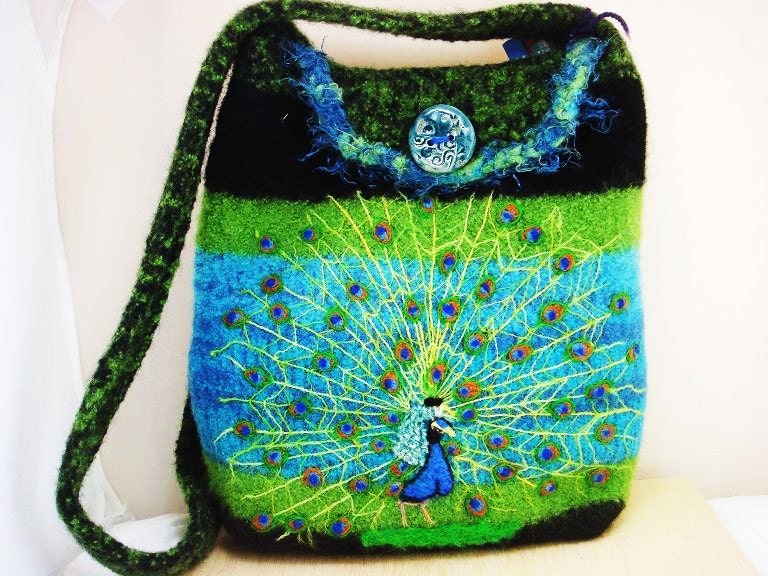 Felted Tote Purse Peacock blue, black