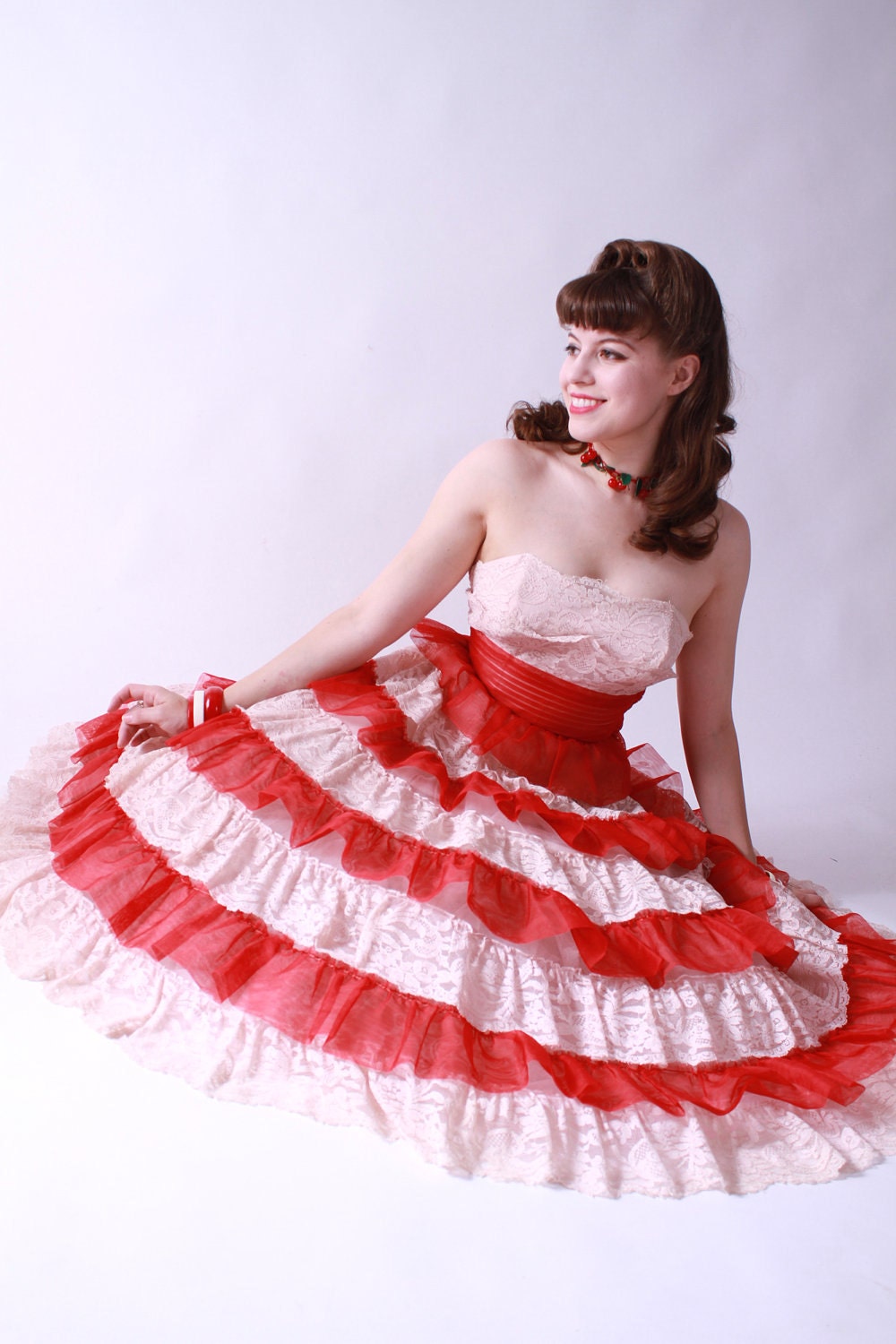 Vintage 1950s Party Dress - Red and Pale Pink Tulle Cupcake Princess Strapless Party Wedding Dress Tea Length
