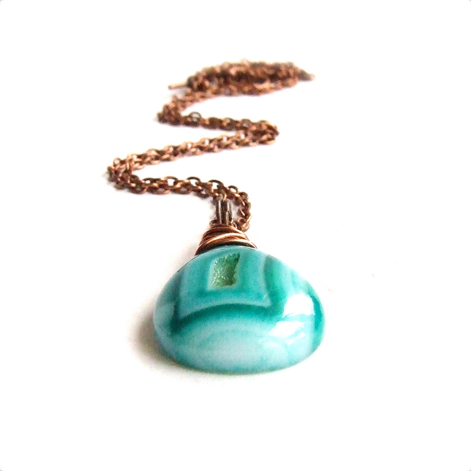 Teal Blue Druzy Agate Briolette, Copper- Stone Necklace - Wire Wrapped -Jewellery
