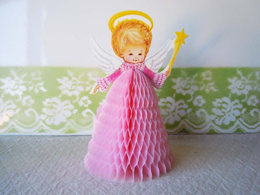 Vintage 1980 Christmas Decoration Angel Pink Beistle Honeycomb Table Centerpiece