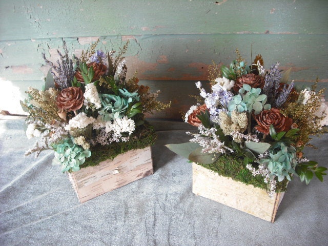 Dried flower all natural centerpiece in birch bark basket, for your rustic, eco-friendly, woodland wedding.
