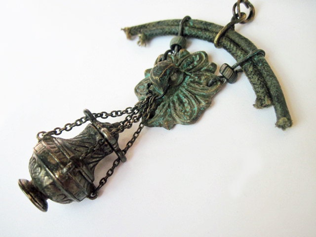 Behind the Veil. Assemblage Pendant with Vial and Verdigris.