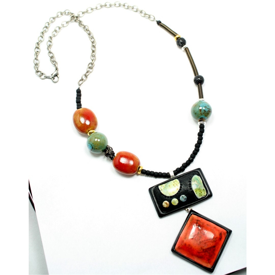 Polymer clay necklace, polymer clay pendant, double pendant, art bead, art pendant, random beaded design, ceramic beads