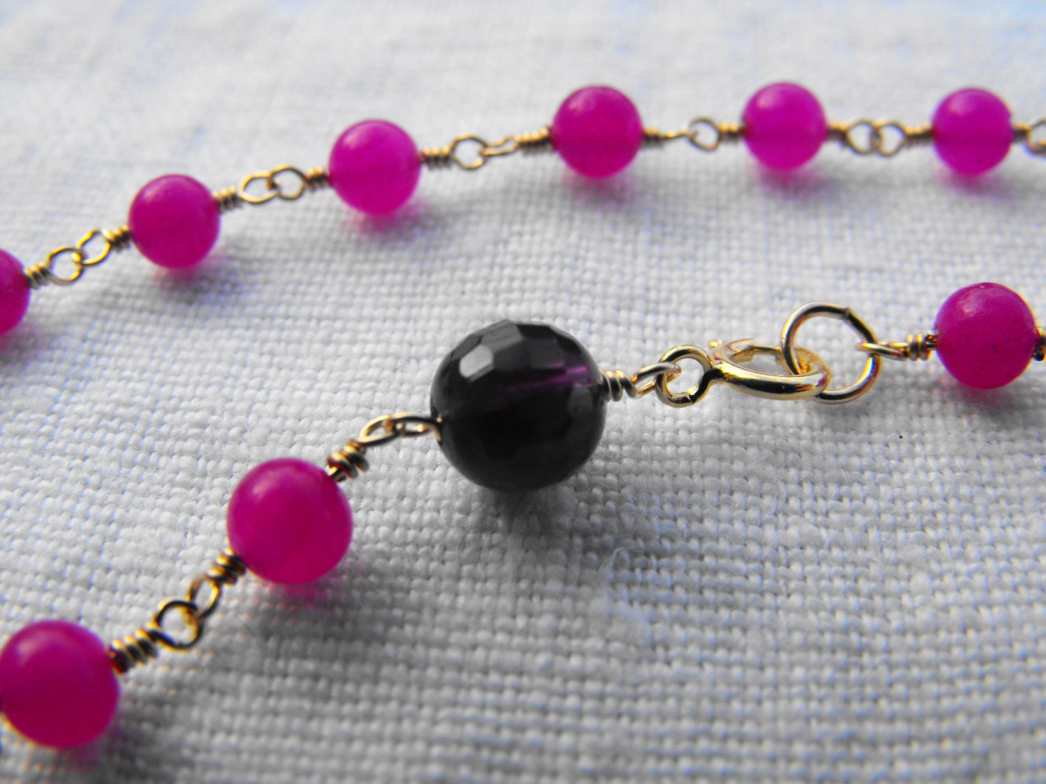 Spring fuchsias - hot pink jade & amethyst gold wire wrapped bracelet - handmade artisan
