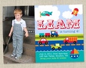 Transportation Birthday Party Invitation - Train invite - car invitations dump truck rocket  (DIY Printable Digital File OR Printed cards)
