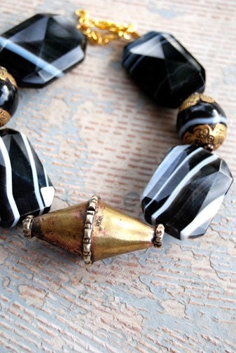 Ethnic Bracelet - Black and White Banded Agate - Dreams of Tibet Collection