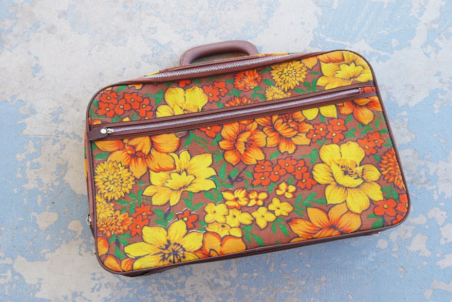 vintage 60s Suitcase - Medium Mod Orange Floral Canvas Weekend Bag