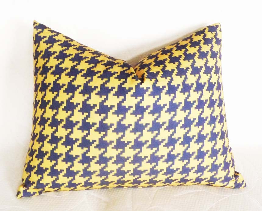 Yellow and Blue Decorative Pillows, Houndstooth Plaid Throw Cushion, Kids Bedroom, Fun Retro Home Decor, Oblong Lumbar 14x18