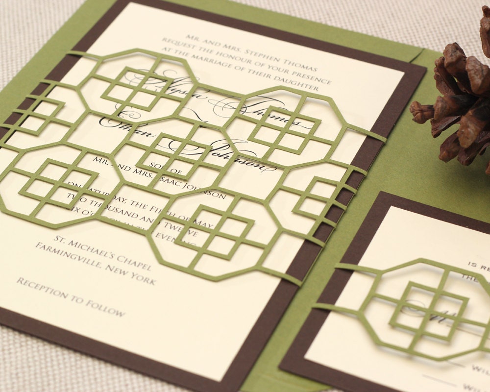Glacier Fret Wedding Invitation design deposit - unique, cutout, trellis wrap design with customizable colors