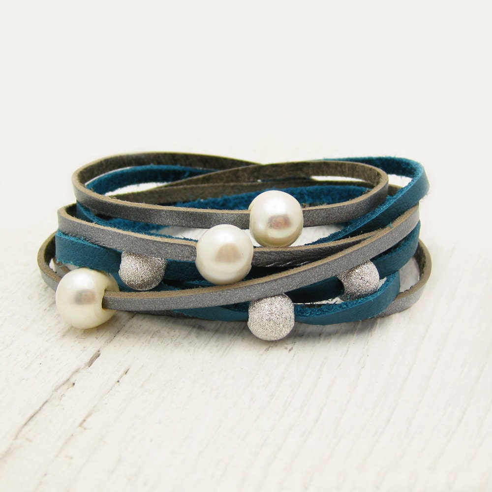 Blue Silver Pearl & Sterling Leather Wrap Bracelet / Fresh Water Pearl w/ Eco Friendly Leather / boho gladiator ocean wedding star inspired