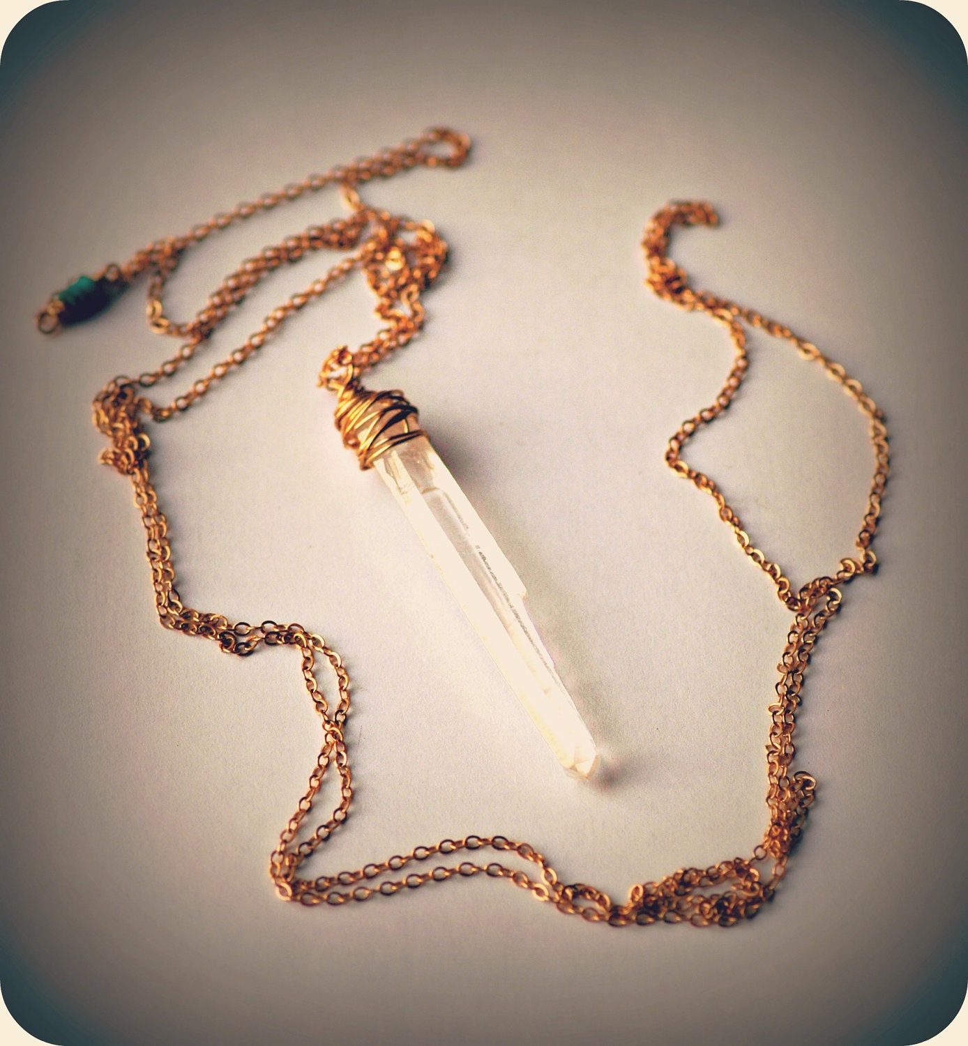 Clear Quartz Crystal, Gold Wire Wrap, Turquoise, Long Brass Chain - Trice Layering Necklace