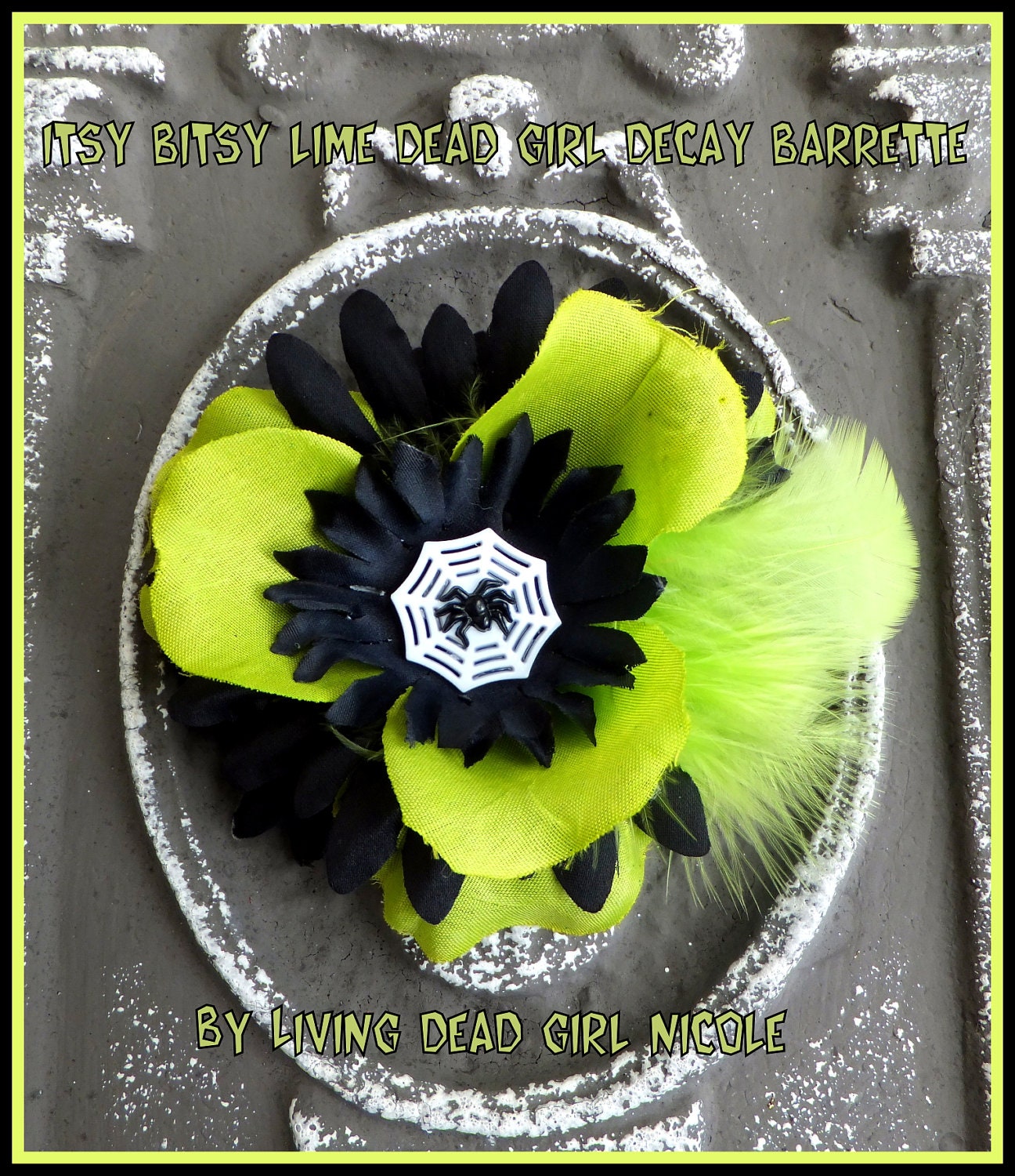 Dead Girl Decay Itsy Bitsy Lime - Spider and Web - Black Lime and White Feather and Flower Hair Barrette