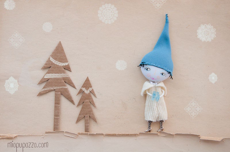 Rainbow Gnome - Art doll brooch mixed media collage
