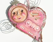 Angel Heart Ornament - Pink - Folk Art - Mixed Media - Hand Painted - by WeeMeeWhimsies