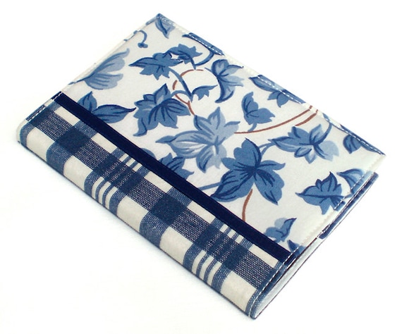 Fabric Journal Cover - Blue Ivy with Tartan - A6 Notebook, Diary - Blue and White Leaves and Checks With Satin Ribbon