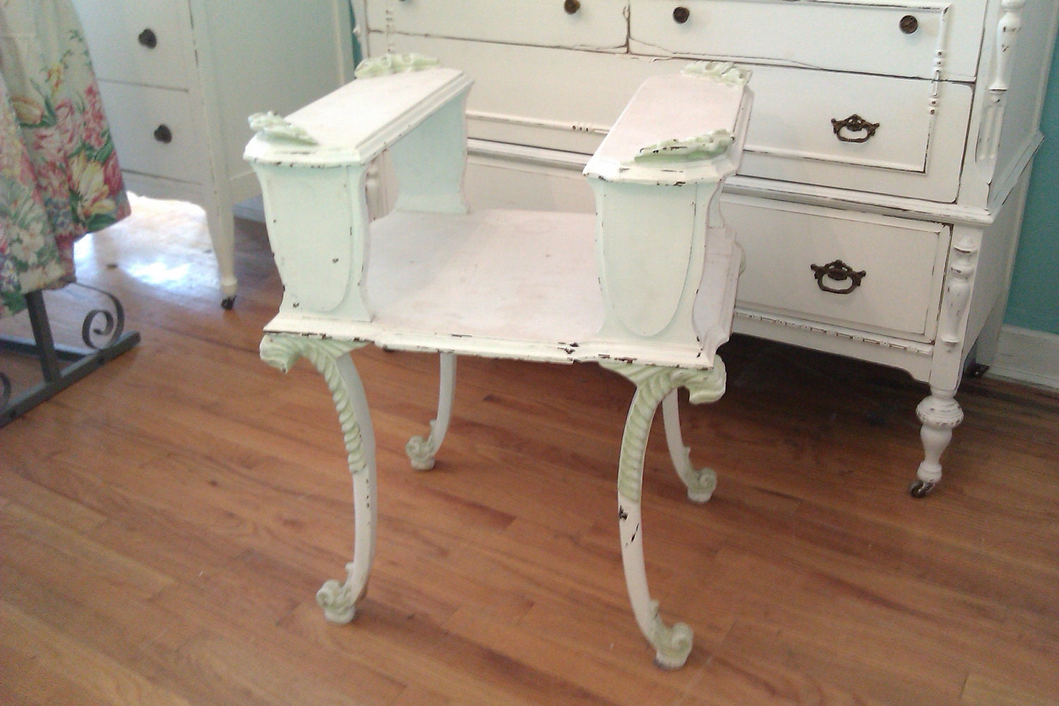 antique vintage table shabby chic white distressed sage green accents cottage prairie vintage