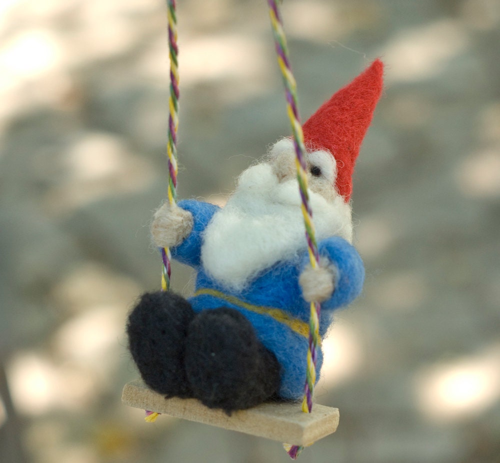 Needle Felted Gnome Ornament - On a Swing