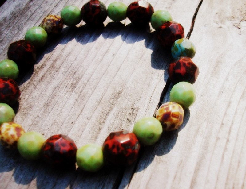 Natural Gemstone Stretchy Fall Tone Bracelet Green and Red Rare Gemstone beads. Red, Green, Blue