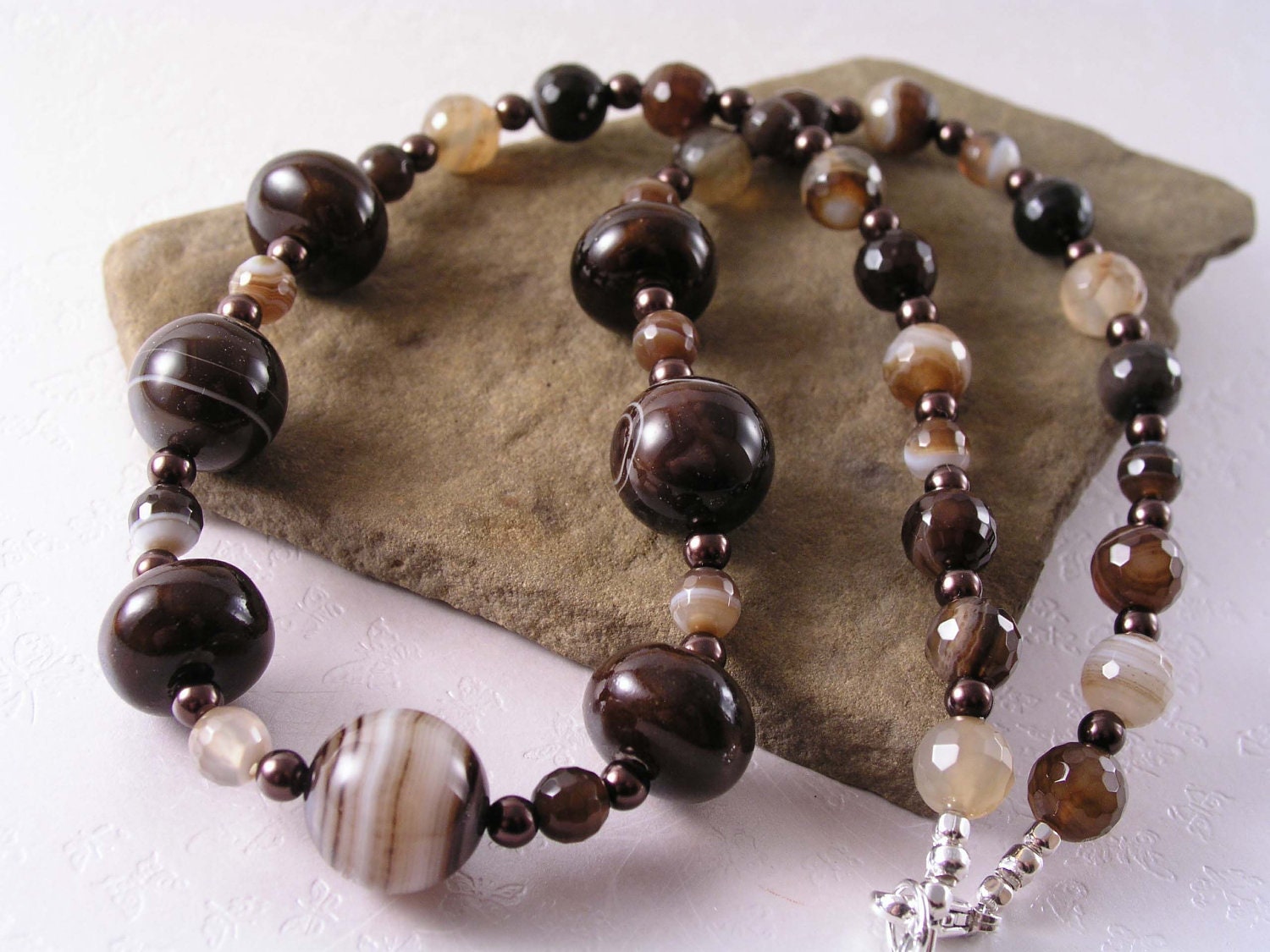 Coffee Agate Necklace, Chocolate Coffee Necklace, Brown Gemstone Necklace, Chocolate Pearls Striated Coffee Agate Necklace, Coffee Lovers