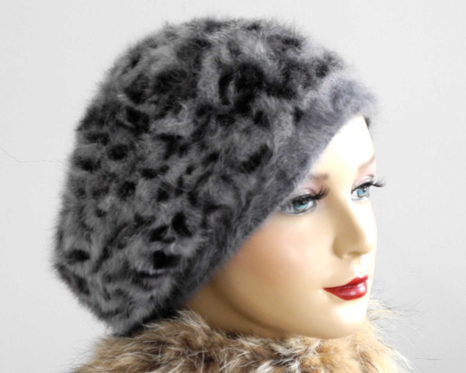 FREE SHIPPING- Angora Knit Beret- Leopard Beret- Furry Beret- Women- Fall Fashion- Winter Accessories