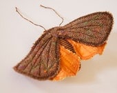 Soft Sculpture Underwing Moth  Fabric Brooch / Ornament Brown Vintage Wool and Orange Satin