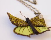 Textile Jewelry Butterfly Necklace Upholstery Fabric Green and Brown