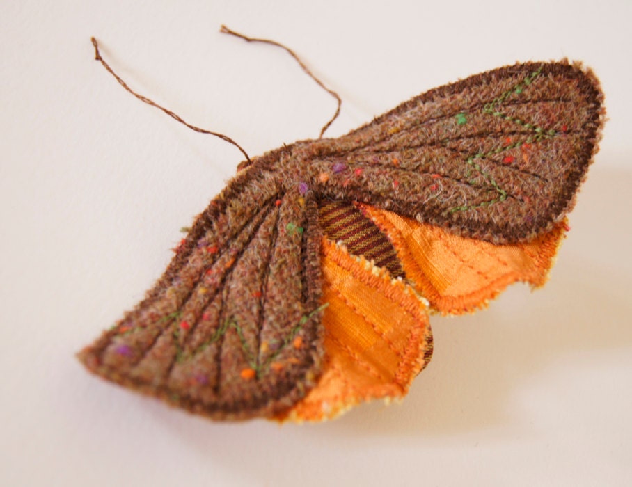 Soft Sculpture Underwing Moth Fabric Brooch / Ornament Brown Vintage Wool and Orange Satin