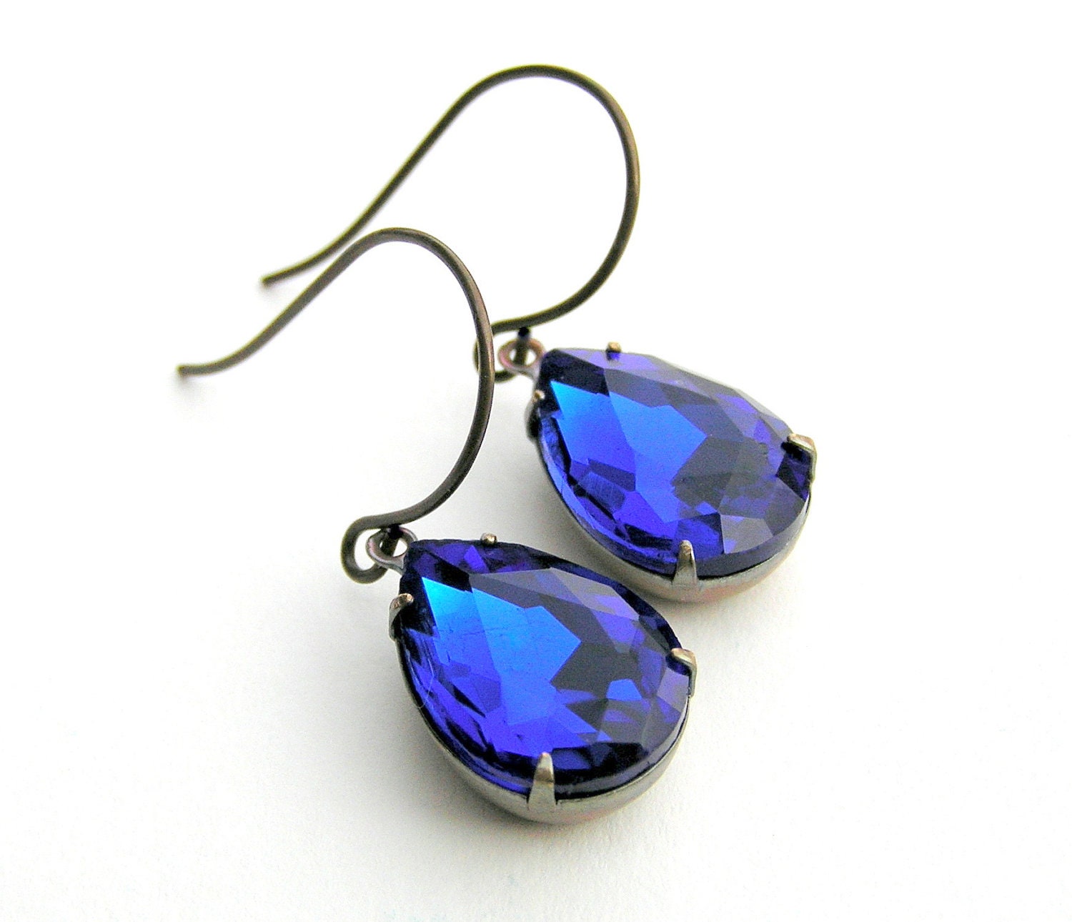 Cobalt Blue Earrings, Vintage Rhinestone Earrings, Pear-Shaped, Jewel Tone, Vintage Style Earrings, Dangle Earrings