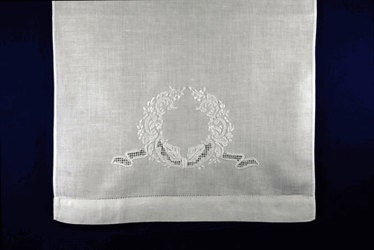 Single Initial Monogram Embroidered White Linen Madeira Crest Guest Hand Towel