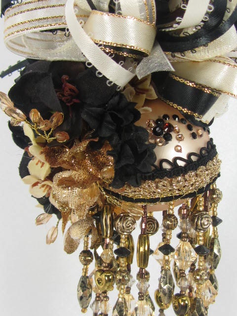 Ebony, Ivory and Gold Victorian Beaded Ornament with Swarovksi Crystals