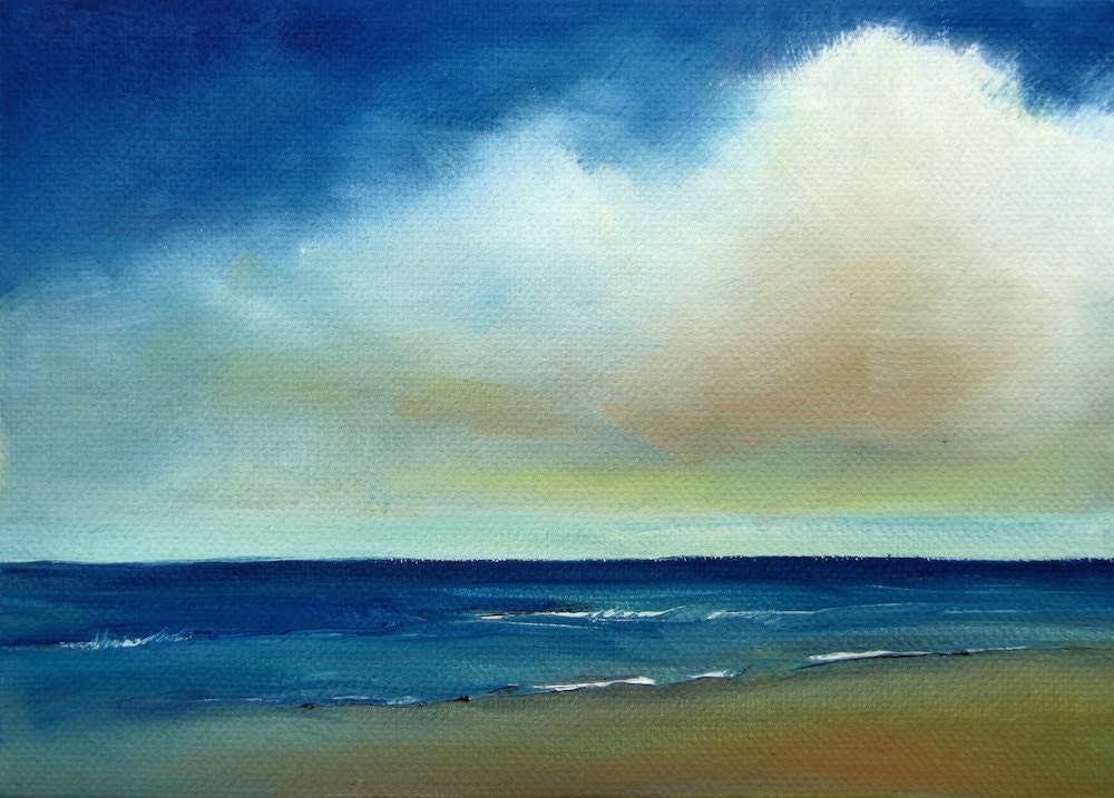 Coastal landscape aqua turquoise cobalt blue "Moody Sea II" 5x7 oil on 1.5 inch deep canvas