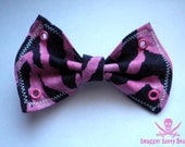 Large Pink Zebra Print Hair Bow with Glow in the Dark Stitching and Grommets