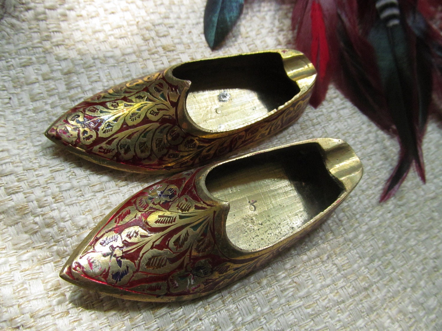 1960s Vintage Bollywood India Matching Pair of Brass and Enameled Ashtrays that are shoes. OMG SHOES lol