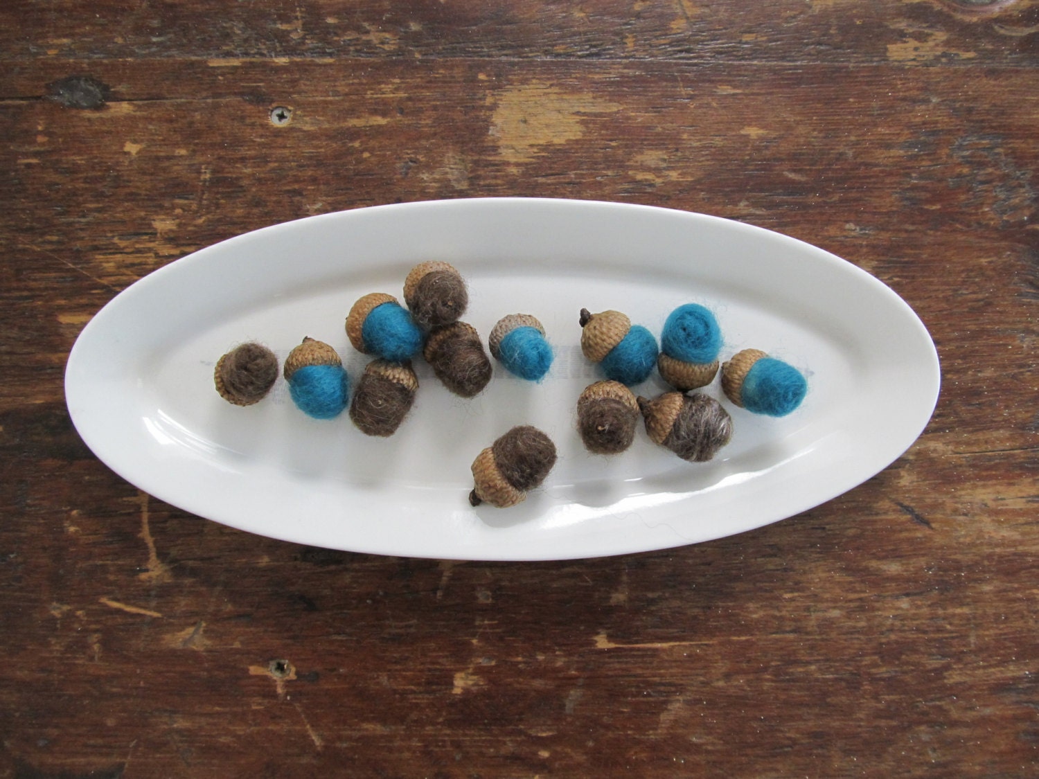 Teal and Brown Acorns in Felted Wool SET of 12 - Rustic Autumn Home Decor - Woodland Forest Table Decorations