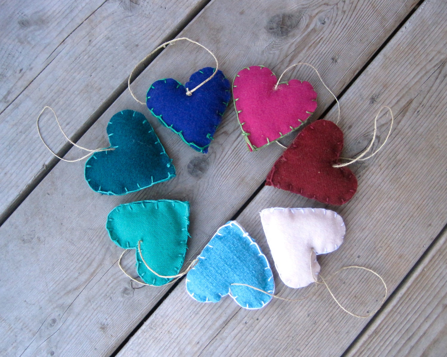 Rainbow Wool Ornaments - Heart Felts SET of 7 in Teal Green Cobalt Blue Rainbow - Holidays Home Decor (Ready to Ship)