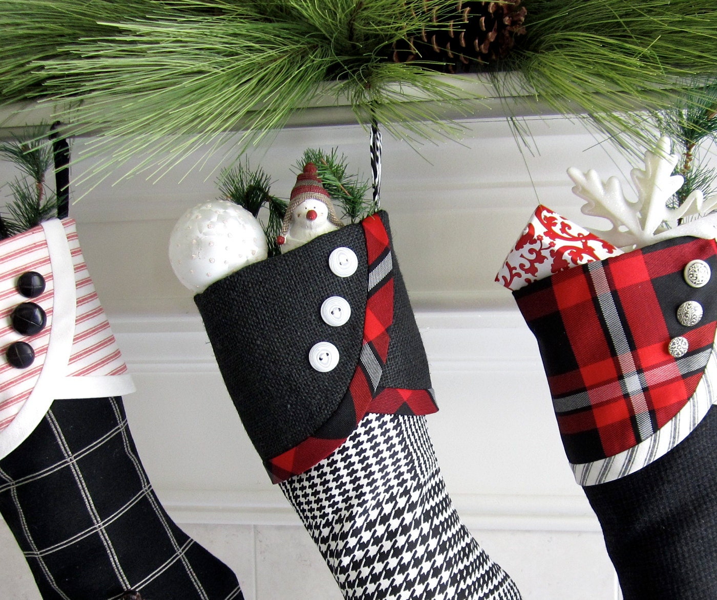 No. 2 Christmas Stocking Black & White and a little Red - Droopy Toe Style